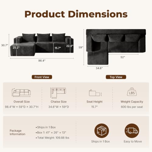 Modular Sectional L-Shaped Sofa with Deep Seat, Modern Boneless Comfy Corduroy Fluffy Couch with Side Pockets and Anti-Slip & Floor-Friendly Bottom for Living Room, No Assembly, Black