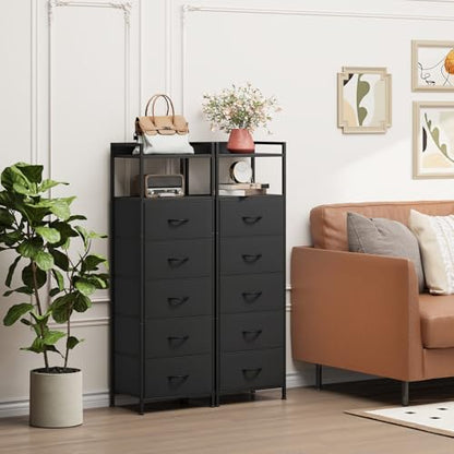 Tall Dresser for Bedroom, 5 Drawers Nightstand Vertical Storage Tower Unit, Night Stand Furniture with Fabric Drawer Organizer in Bedside Hallway, Entryway, Kids Room, Closet, Black