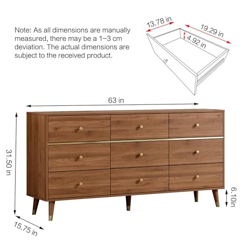 9 Drawer Dresser, 63" Wide Mid Century Modern Chest of Drawers, view 3