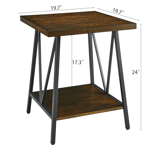 2 Tier Square Industrial End Table, Wooden Bedside Table with Saw Marks Top and Black Metal Legs, Sofa Side Table for Living Room, Bedroom, Office, Waiting Room, Dark Walnut, 20x20x24in