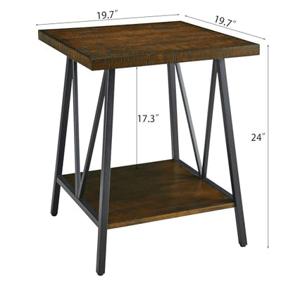 2 Tier Square Industrial End Table, Wooden Bedside Table with Saw Marks Top and Black Metal Legs, Sofa Side Table for Living Room, Bedroom, Office, Waiting Room, Dark Walnut, 20x20x24in