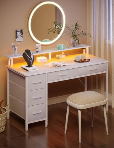 Computer Desk with Power Outlets & LED Light, 55 inch Home Office Desk with 5 Drawers, Writing Desk with Monitor Stand, Work Desk for Home Office, White