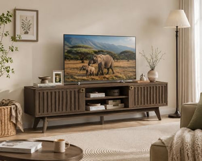 70" Long TV Stand for Living Room, Modern TV Stand Entertainment Center with 2 Storage Cabinets, Mid Century Fluted-Door Media Console Table for 50/60/70/80 Inch TV, Coffee Oak