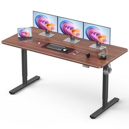 63" Electric Standing Desk Adjustable Height, Sit Stand up Desk for Home Office & Computer Workstation, 2 Memory Height Settings, Splice Board, 2 Hooks, Black Frame/Walnut Top