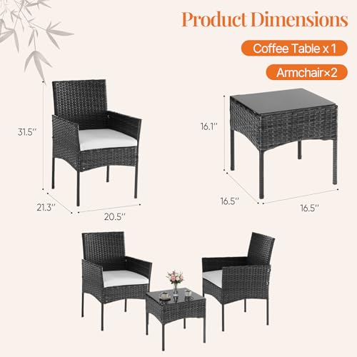 3 Piece Patio Furniture Set, All-Weather Outdoor Conversation with Removable Cushions & Tempered Glass Table, Small Wicker Bistro Set for Balcony, Porch, Backyard, Deck, Black