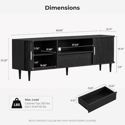 Mid-Century Modern Fluted TV Stand for 65/70/75/80 TVs, Black, view 3