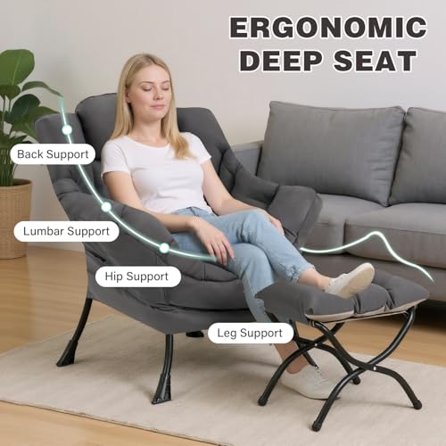 Lazy Chair with Ottoman, Modern Accent Chair Contemporary Sofa Chair with Armrests, Reading Chair and Folding Footstool Set for Living Room, Bedroom, Office, Dark Grey