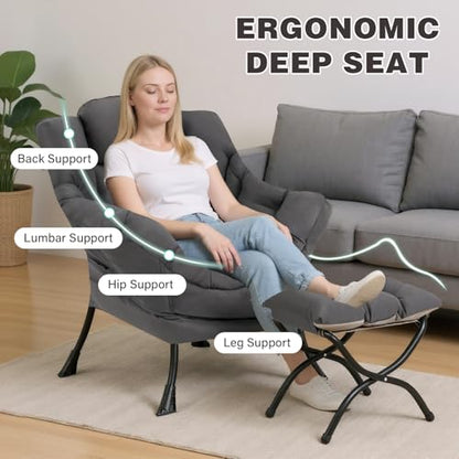 Lazy Chair with Ottoman, Modern Accent Chair Contemporary Sofa Chair with Armrests, Reading Chair and Folding Footstool Set for Living Room, Bedroom, Office, Dark Grey
