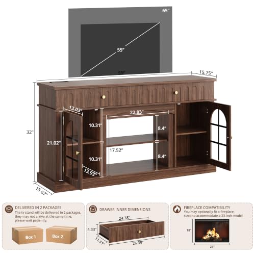 TV Stand for 65 Inch TV with Charging Station, Walnut Brown, view 3