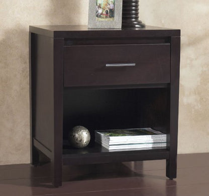 Solid Wood Nightstand, Nevis - Espresso, 1-Drawer with Charging Station