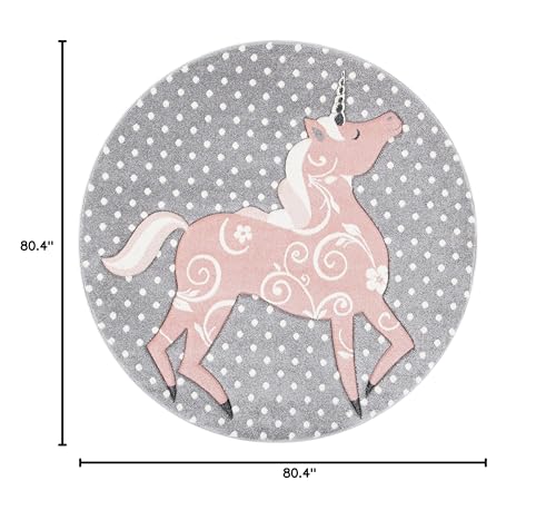 SAFAVIEH Carousel Kids Collection Area Rug - 6'7" Round, Grey & Ivory & Pink, Non-Shedding & Easy Care, Ideal for High Traffic Areas for Boys & Girls in Playroom, Nursery, Bedroom (CRK163G)