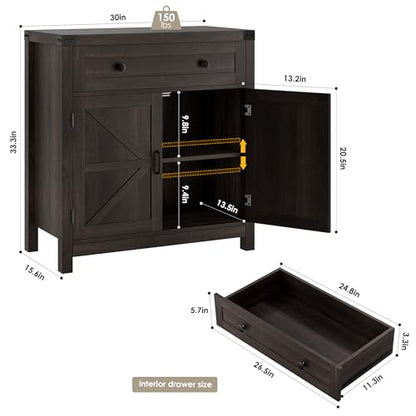Coffee Bar Cabinet, Kitchen Storage Cabinet, Modern Farmhouse Buffet Sideboard with Drawer and Adjustable Shelf, Barn Door Accent Cabinets for Kitchen, Dining Room, Entryway, Dark Brown