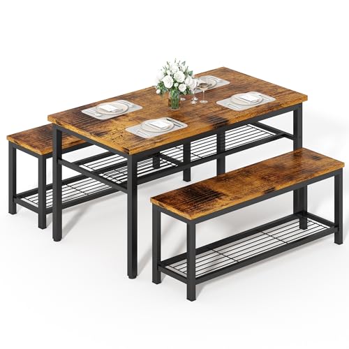 3-Piece Dining Table Set, Industrial Kitchen Table and Chairs Set for 4, Dining Table and 2 Benches with Storage Shelf, Dining Table Set for Dining Room Kitchen, Rustic Brown