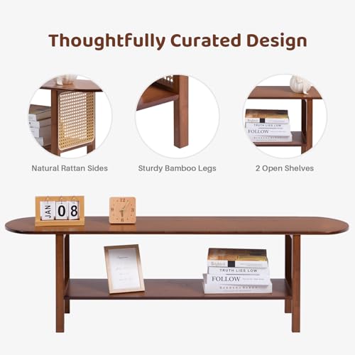 Bamboo TV Stand with Storage for TVs up to 65", Modern Entertainment Center with Rattan Side, Accent TV Table with 2 Shelf, Media Console TV Stand for Living Room, Bedroom, Walnut