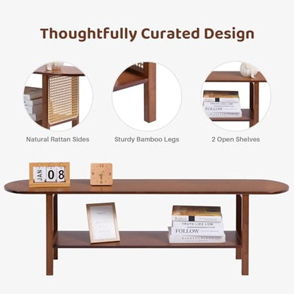Bamboo TV Stand with Storage for TVs up to 65", Modern Entertainment Center with Rattan Side, Accent TV Table with 2 Shelf, Media Console TV Stand for Living Room, Bedroom, Walnut