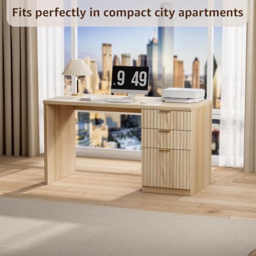 DLisiting Fluted Desk with File Drawers, 47 Inch, Light Natural Oak, view 5