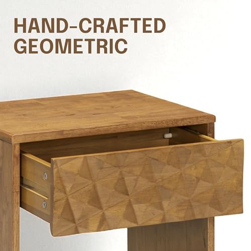 Sapa Solid Wood Nightstand with 3D Carved Drawer Front – Modern Bedside Table with Open Shelf, Easy Assembled - Teak Look