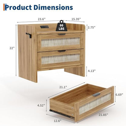 GAOMON Rattan Nightstand Set of 2, Modern Bedside Table with Type-c Charging, 2 Drawer Storage for Bedroom, Office & Living Room，Oak