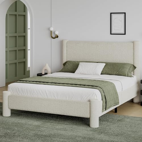 Queen Boucle Bed Frame with Headboard & Footboard, Cream, view 2