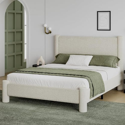 Queen Boucle Bed Frame with Headboard & Footboard, Cream, view 2