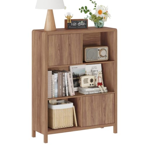 Bookshelf with Storage, 5 Cube Bookcase with Doors, Farmhouse Wood Cube Storage Organizer for Home Office, Bedrooom, Living Room (Walnut)