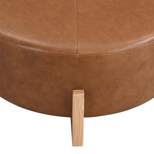 Holmes Modern Faux Leather Upholstered Ottoman Coffee Table, Wooden Round Cocktail Ottoman, Large Living Room Sofa Footstool/Footrest, Brown+Natural
