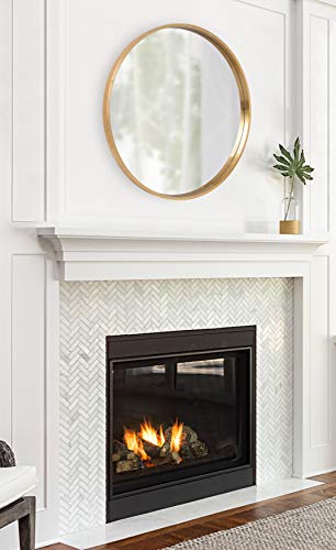 Travis Round Wood Wall Mirror, 31.5" Diameter, Gold, Modern Glam Wall Décor Accent