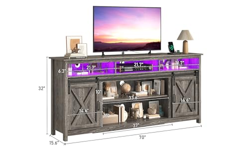 Farmhouse TV Stand for 80/75 Inch TV with Power Outlet, Entertainment Center with Storage and Sliding Barn Doors, Wood Media Console for Living Room, Grey