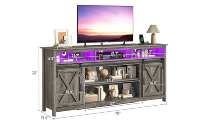 Farmhouse TV Stand for 80/75 Inch TV with Power Outlet, Entertainment Center with Storage and Sliding Barn Doors, Wood Media Console for Living Room, Grey