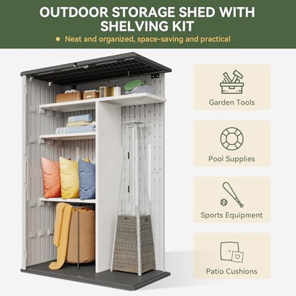 Outdoor Resin Storage Shed with Metal Shelving Kit & Floor, 64 Cu.Ft Vertical Waterproof Storage Cabinet for Garage, Pool, Bike, Garden Tools, Patio Furniture (White)