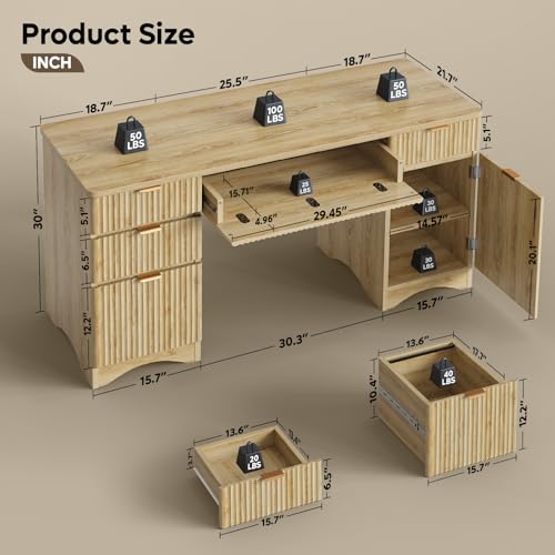 63 Inch Home Office Desk with Drawers, Fluted Executive Desk with Ample File Drawer, Keyboard Tray & Storage Cabinet for Study, Living Room, Bedroom, Natural Oak