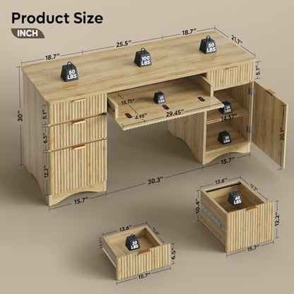63 Inch Home Office Desk with Drawers, Fluted Executive Desk with Ample File Drawer, Keyboard Tray & Storage Cabinet for Study, Living Room, Bedroom, Natural Oak