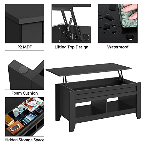 Yaheetech 41in Coffee Table and 2PCS Side Tables Set, Lift Top with Compartment and 3 Tier End Table with Storage Shelf, Living Room Coffee Table with Sofa, Black