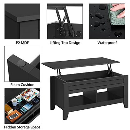 Yaheetech 41in Coffee Table and 2PCS Side Tables Set, Lift Top with Compartment and 3 Tier End Table with Storage Shelf, Living Room Coffee Table with Sofa, Black