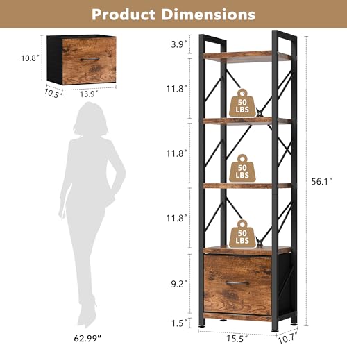 Bookshelf, 5 Tier Bookcase with Drawer, Modern Tall Bookshelves Storage Organizer, Industrial Book Shelves for Bedroom, Living Room, Office, Rustic Brown