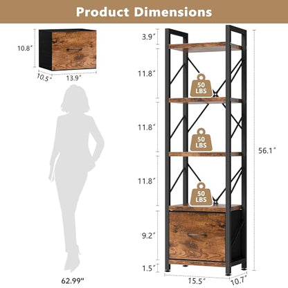 Bookshelf, 5 Tier Bookcase with Drawer, Modern Tall Bookshelves Storage Organizer, Industrial Book Shelves for Bedroom, Living Room, Office, Rustic Brown
