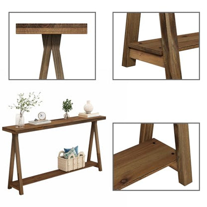 63" Solid Wood Farmhouse Console Table for Living Room, Natural | Rustic Hallway Stand for Entryway, 2-Tier Sofa Storage Unit