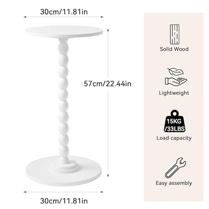 Side Table, Wood Round Drink Table, Small End Table, Weighted Base Pedestal Table for Living Room, Bedroom, Modern White YD-RST001W
