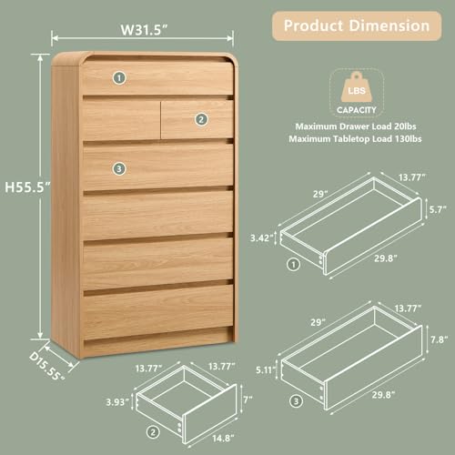 Modern 7 Drawers Dresser for Bedroom, 55" Tall Dresser, Natural Oak, view 3
