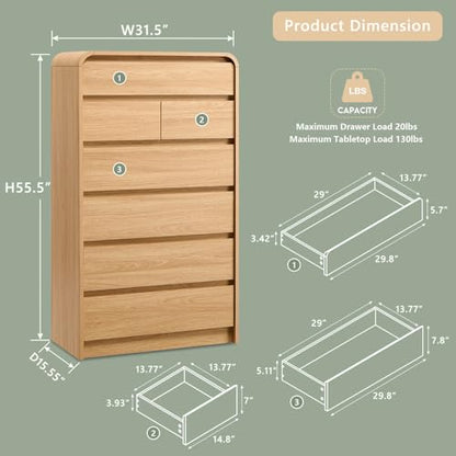 Modern 7 Drawers Dresser for Bedroom, 55" Tall Dresser, Natural Oak, view 3