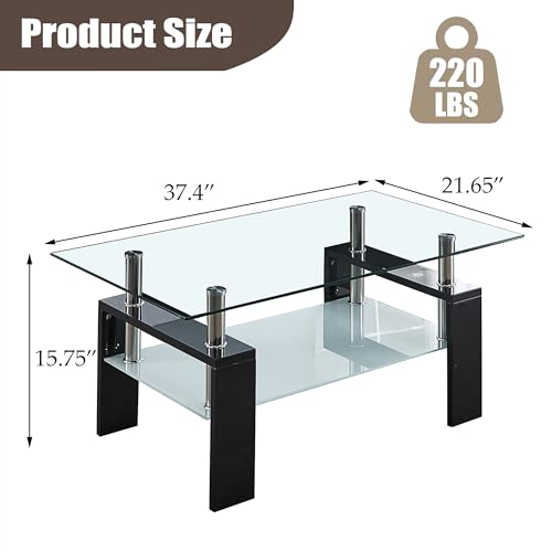 2-Tier Glass Coffee Table, Rectangle Center Table with Double-Layer Tempered Glass Storage Space and Black MDF Legs, Modern Living Room Table for Home Office, Waiting Room