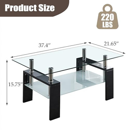 2-Tier Glass Coffee Table, Rectangle Center Table with Double-Layer Tempered Glass Storage Space and Black MDF Legs, Modern Living Room Table for Home Office, Waiting Room