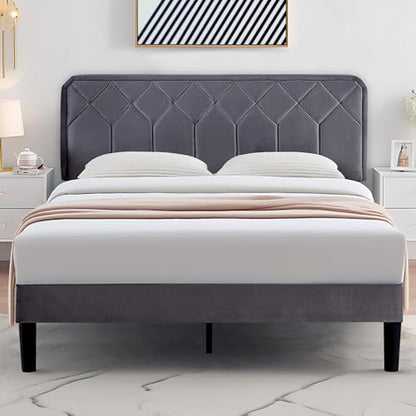 Queen Size Bed Frame, Velvet Upholstered Platform with Adjustable Headboard, view 2
