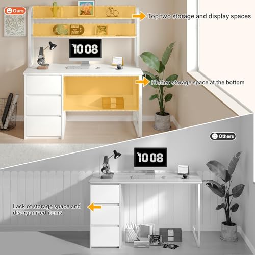 White Desk with Hutch, 47 Inch Computer Desk with 3 Drawers for Bedroom, view 6