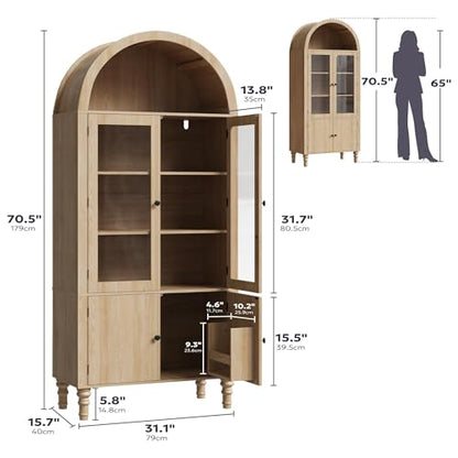 71" Tall Arched Pantry Cabinet, Modern Kitchen Storage Cabinet with Doors, 3 Adjustable Shelves, Door Shelves, Organizer, Versatile Cupboard for Kitchen, Bathroom, Natural