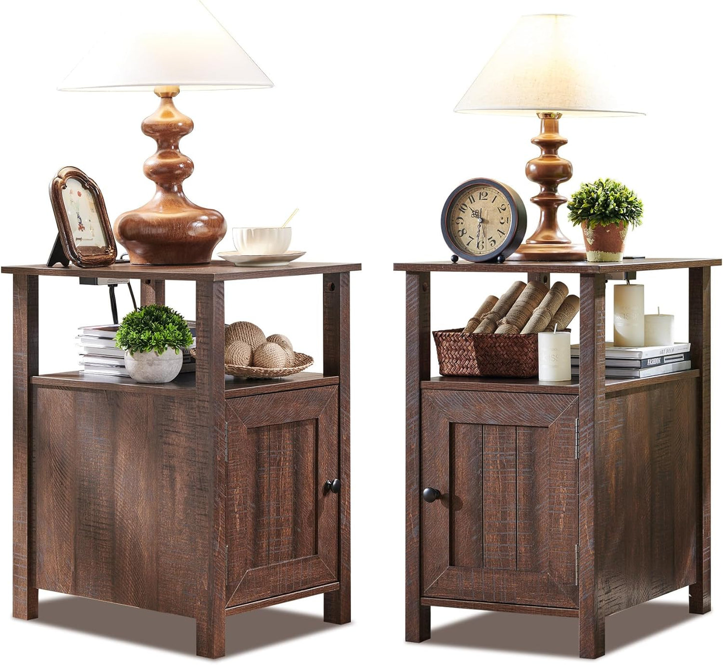 Farmhouse Nightstands Set of 2, Narrow Bedside Table with Charging Station, Night Stand Set 2 with Storage & Open Shelf, End Tables W/Groove Barn Door for Bedroom, Living Room-Brown