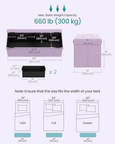 SONGMICS Mazie Collection - Storage Ottoman Bench, Foldable Foot Rest, 15 x 43 x 15 Inches, End of Bed Bench, Storage Chest, Load 660 lb, Living Room, Bedroom, Entryway, Light Lilac ULSF277P01