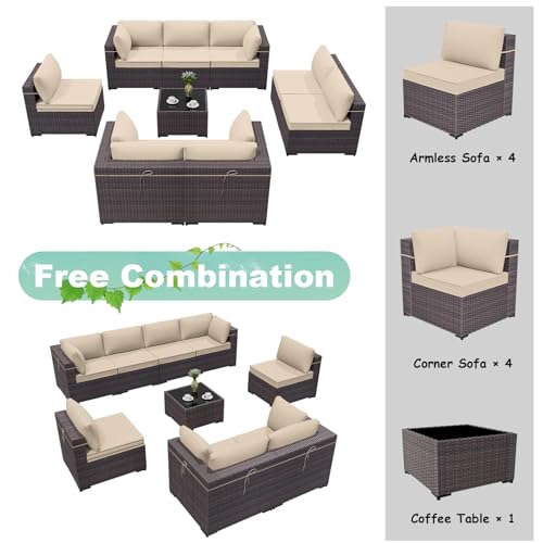 9 Pieces Patio Furniture Set Wicker Patio Conversation Set with 4 Corner Sofas, Outdoor Sectional Furniture w/Coffee Table & Washable Seat Cushions-Sand