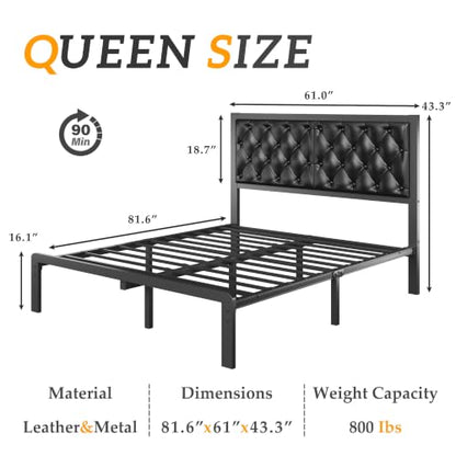 Queen Black Bed Frame with Button Tufted Headboard and Storage, view 3