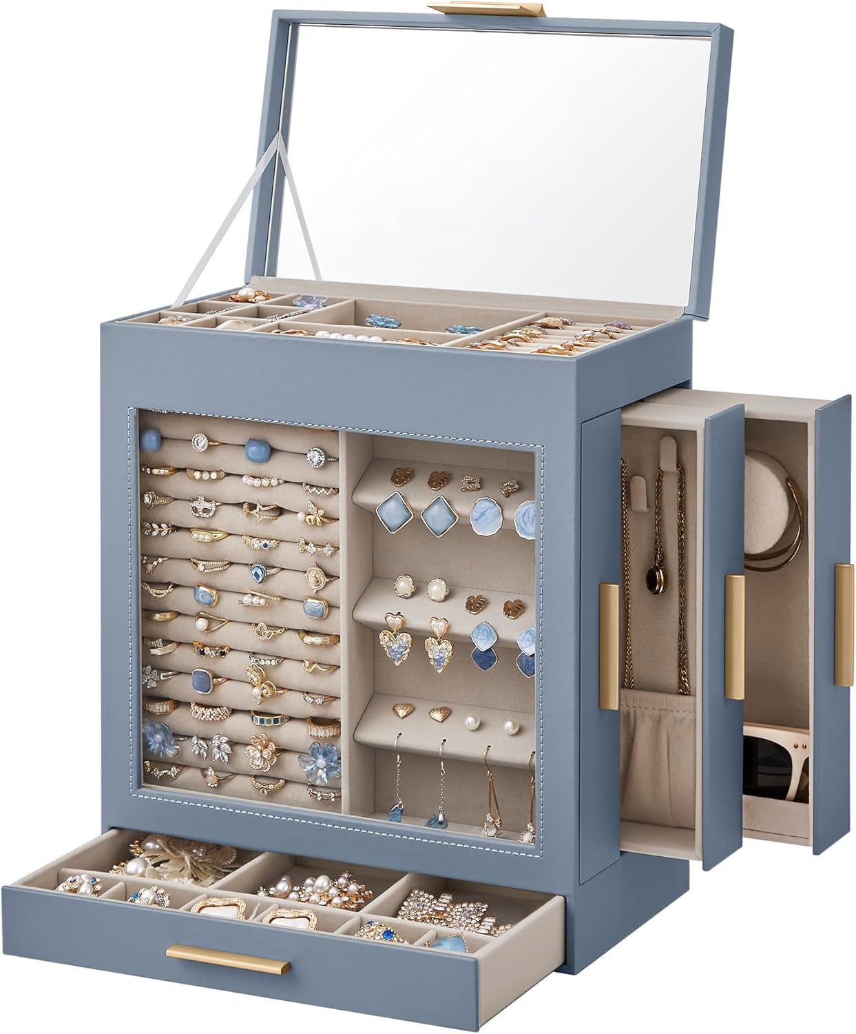 Jewelry Box with Glass Window, 5-Layer Jewelry Organizer with 3 Side Drawers, Jewelry Storage, with Big Mirror, Modern, 6.1 X 10.3 X 12.6 Inches, Cloud White and Metallic Gold UJBC162W01